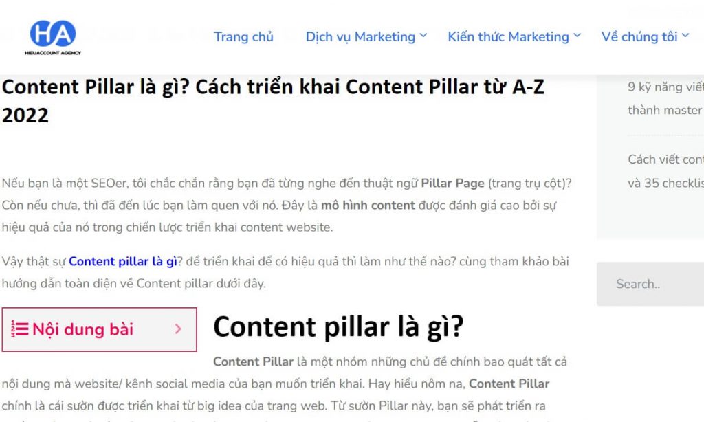 Bài viết hướng dẫn triển khai content Pillar của Hieuaccount