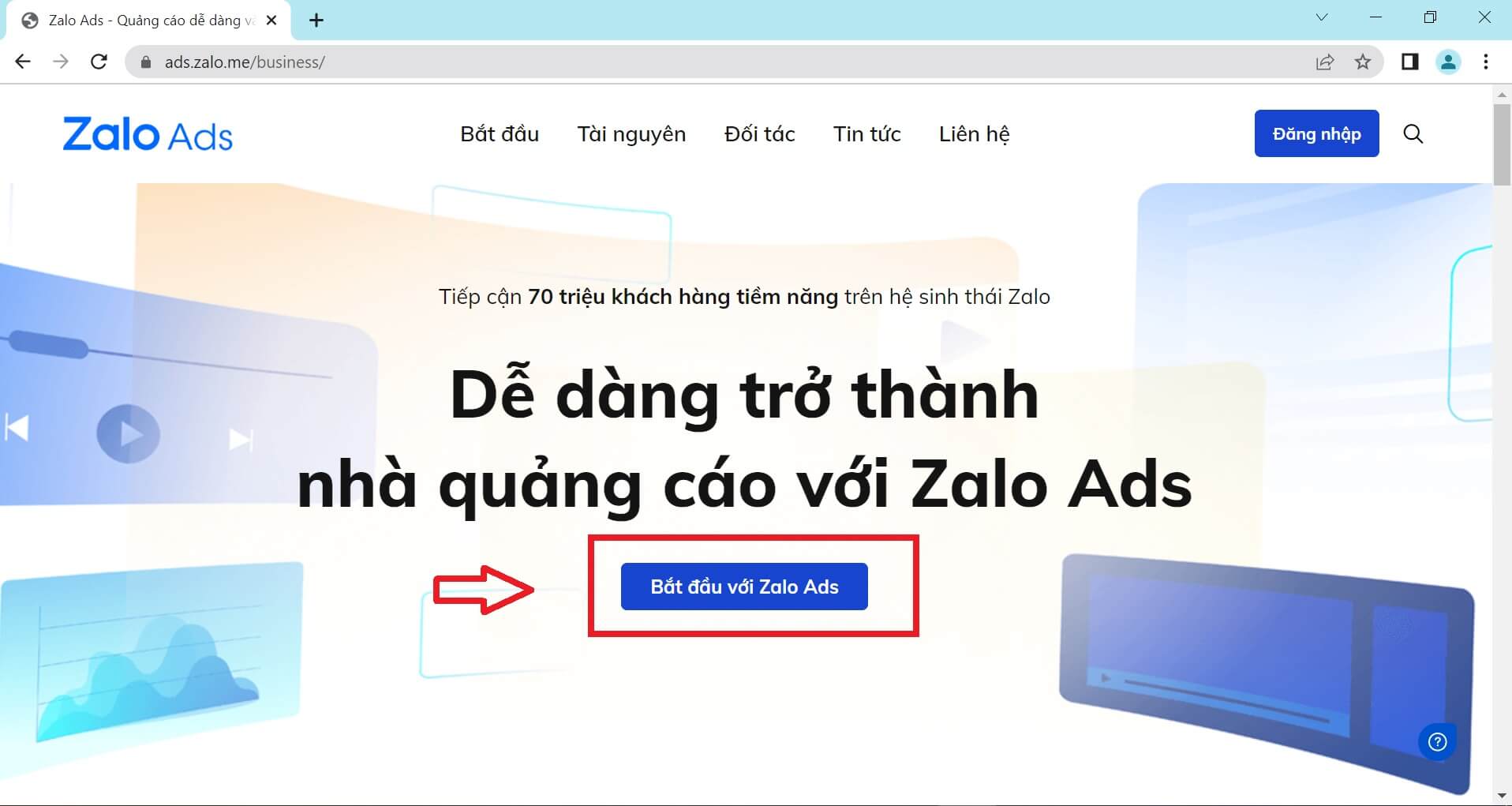 Trang đăng nhập quảng cáo Zalo