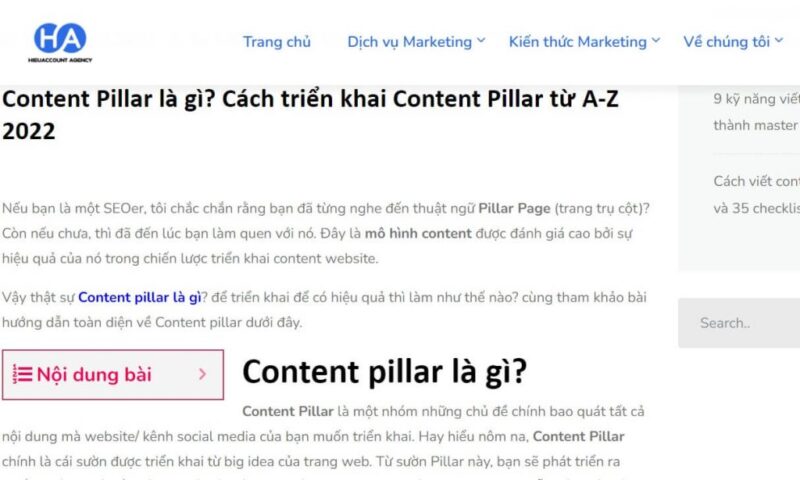 Bài viết hướng dẫn triển khai content Pillar của Hieuaccount